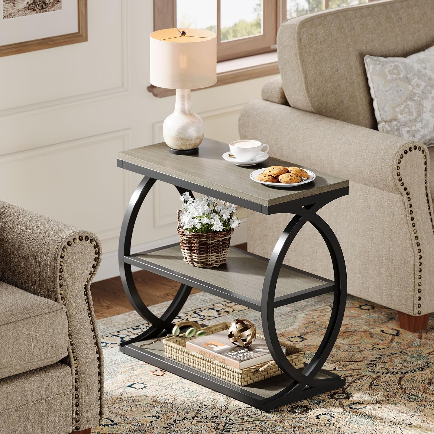 Tribesigns End Table Set of 2, Narrow 3-Tier End Table for Living Room, Industrial Wooden Side Table with Metal Frame, Small Bedside Nightstand for Bedroom, Small Spaces, Grey