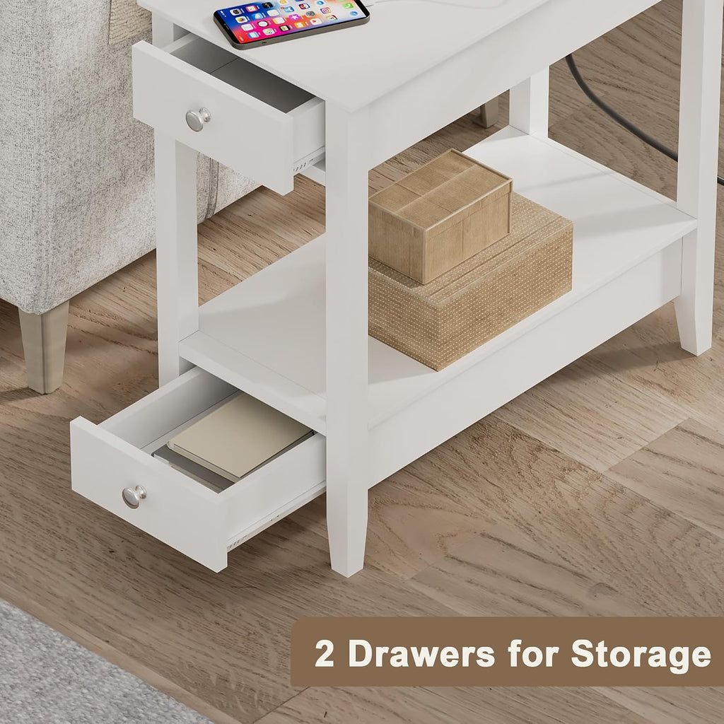 Treocho End Tables Living Room Set of 2, Narrow Side Table with Charging Station, White Table Bedside Sofa for Small Spaces, Living Room, Bedroom