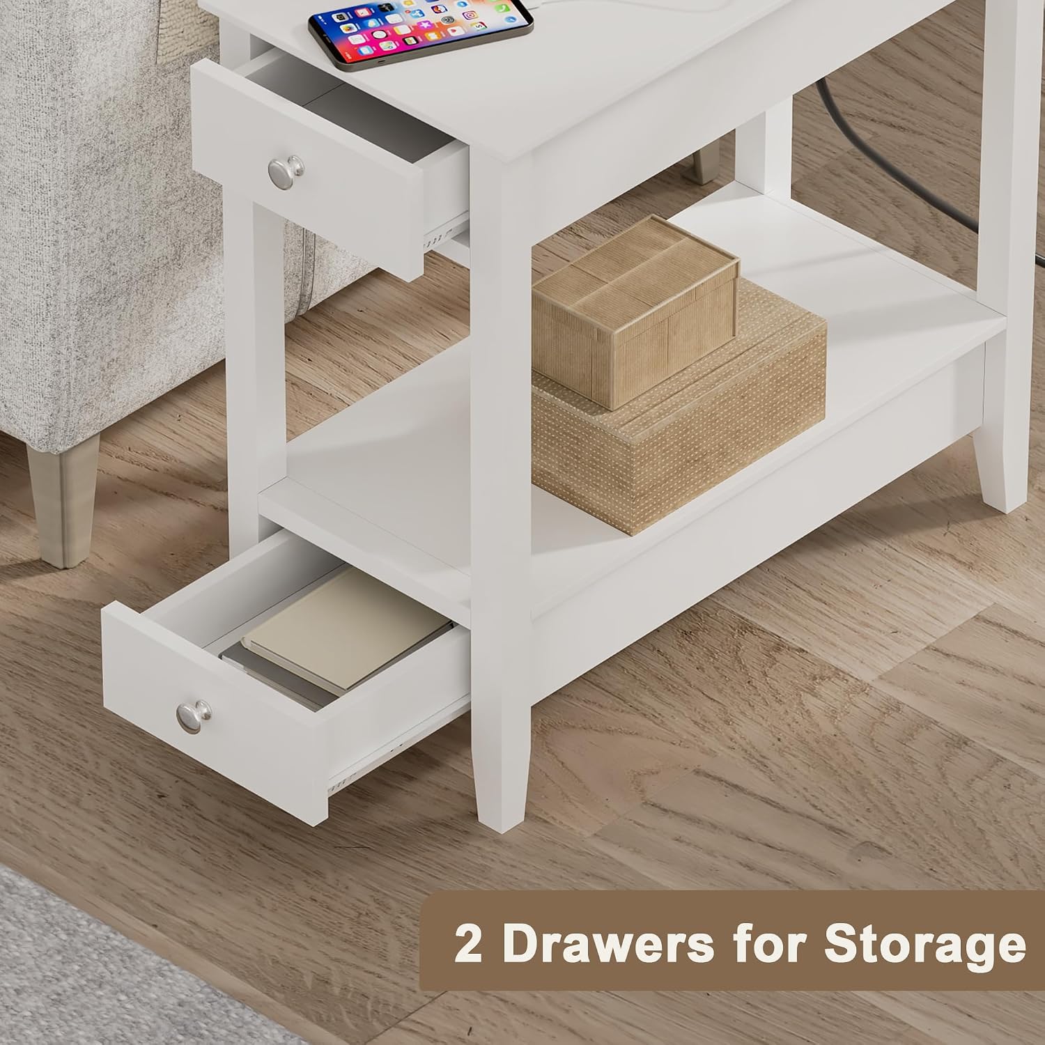 Treocho End Tables Living Room Set of 2, Narrow Side Table with Charging Station, White Table Bedside Sofa for Small Spaces, Living Room, Bedroom