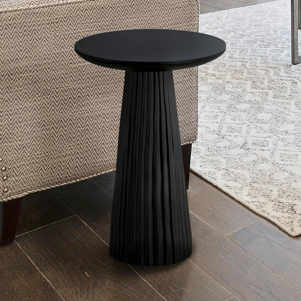 Jai Black Wood Side Table – 15.25' Round End Table – Modern Ribbed Accent Table for Living Room, Bedroom, Bedside Storage – Contemporary Mango Wood Small Space Furniture