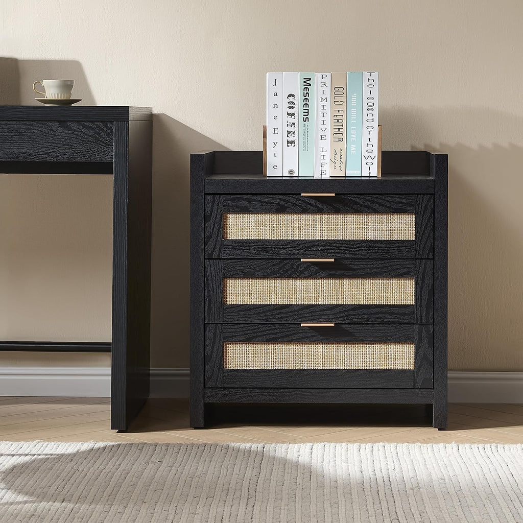 SICOTAS Rattan Nightstand Bedside Table - Larger Night Stand with Type-C Charging Station, 3 Drawers Storage - Boho Night Stands End Table for Bedroom - Black Oak