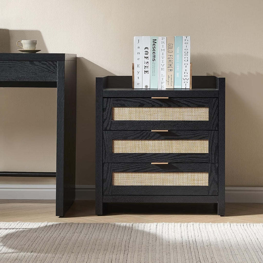 SICOTAS Nightstands Set of 2 Bedside Table - Larger Rattan Night Stand with Type-C Charging Station, 3 Drawers Storage - Boho Tall Night Stands End Table for Bedroom Office - Black Oak