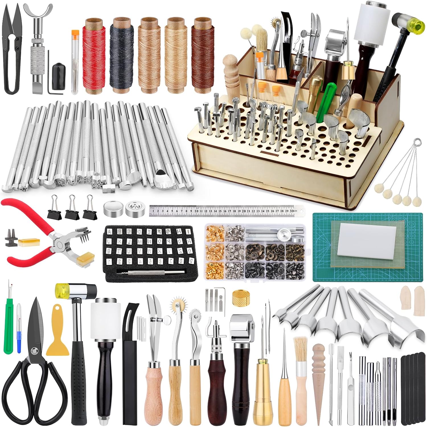 447 Pcs Leather Working Tools, Leather Working Kit for Cutting Punching Stamping Stitching with Instruction & Storage Case, for Saddle Making, DIY Projects