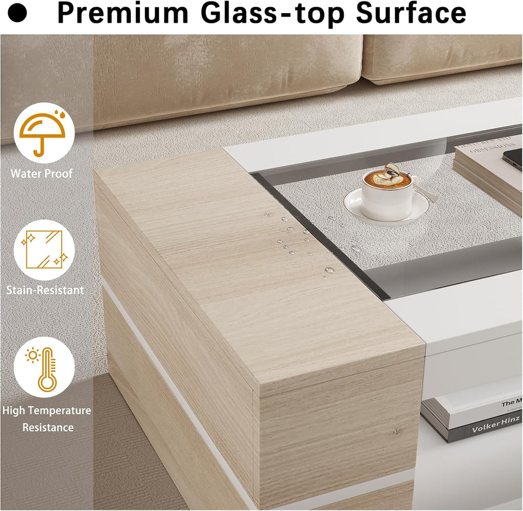 HedoAjim 47.2' Modern Stylish Coffee Table with Glass Table Top, Large Living Room Table Rectangular 2-Tier Center Tables with Storage, Wood Cocktail Tea Tables for Dining Reception Room Natural