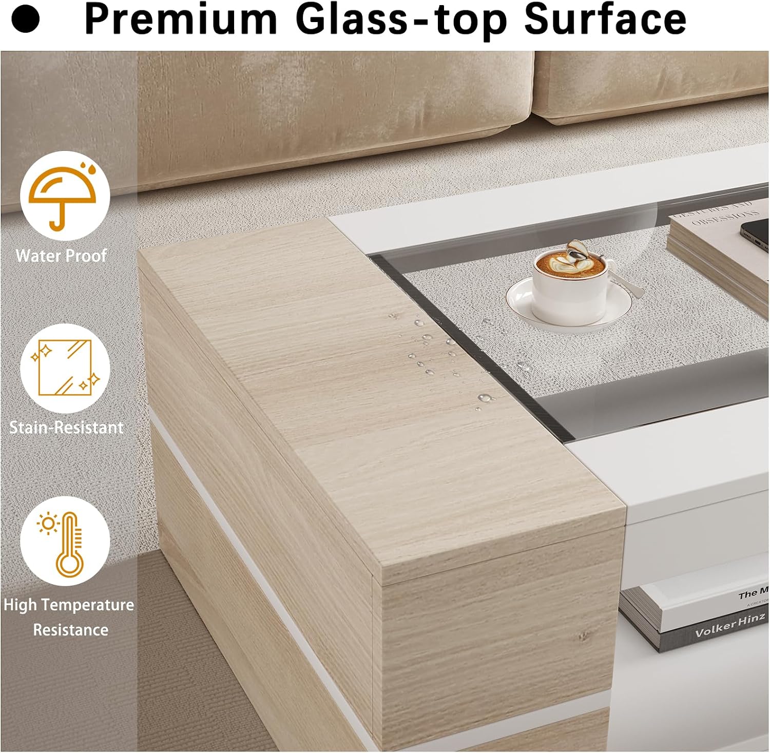 HedoAjim 47.2' Modern Stylish Coffee Table with Glass Table Top, Large Living Room Table Rectangular 2-Tier Center Tables with Storage, Wood Cocktail Tea Tables for Dining Reception Room Natural