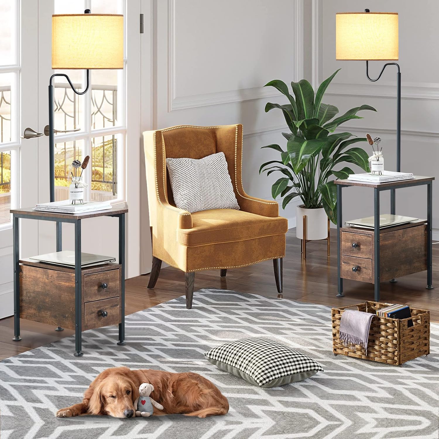 Dungoo 59' Floor Lamp with Table, Narrow End Table with Lamp Attached with USB & Type-C Ports and 2 Outlets, Rustic End Table with Storage Drawers, Bedside Nightstand for Living Room Bedroom