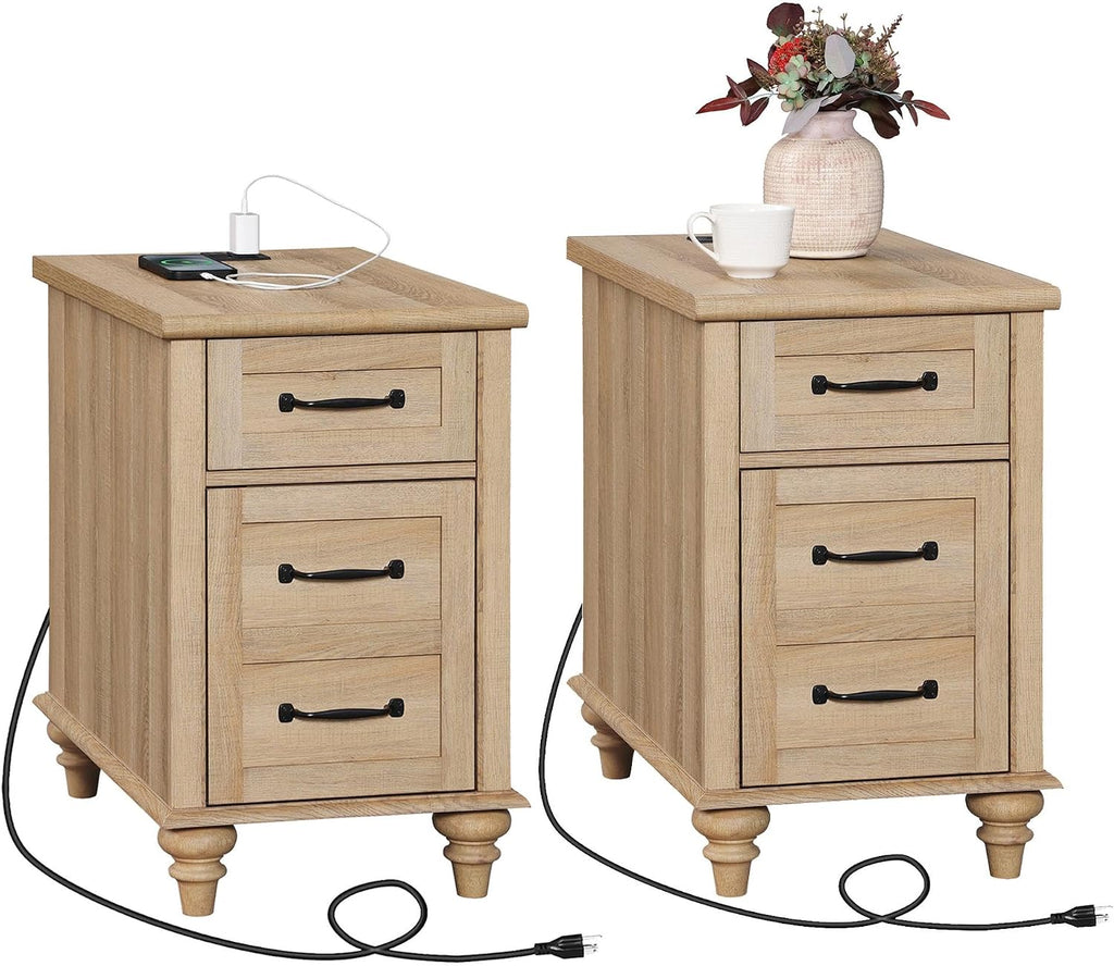 WAMPAT Set of 2 End Tables with Charging Station, Light Wood Sofa Side Table with Drawer & Storage Cabinet, Farmhouse Nightstand with Power Outlets & USB Ports for Living Room, Bedroom, Oak