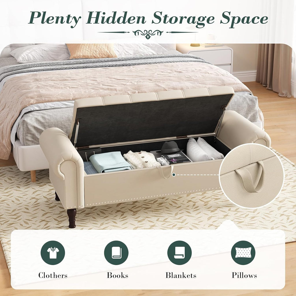 Apicizon 51' Bench with Storage, Faux Leather Ottoman Bench with Rolled Arm & Vintage Rivets, End of Bed Bench for Bedroom, Living Room, Entryway, Beige+Brown Legs