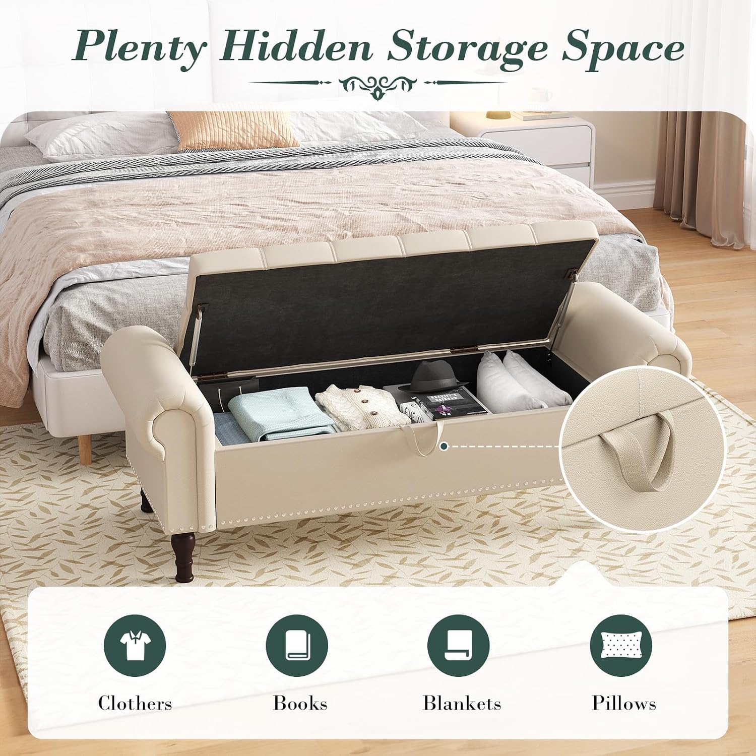 Apicizon 51' Bench with Storage, Faux Leather Ottoman Bench with Rolled Arm & Vintage Rivets, End of Bed Bench for Bedroom, Living Room, Entryway, Beige+Brown Legs