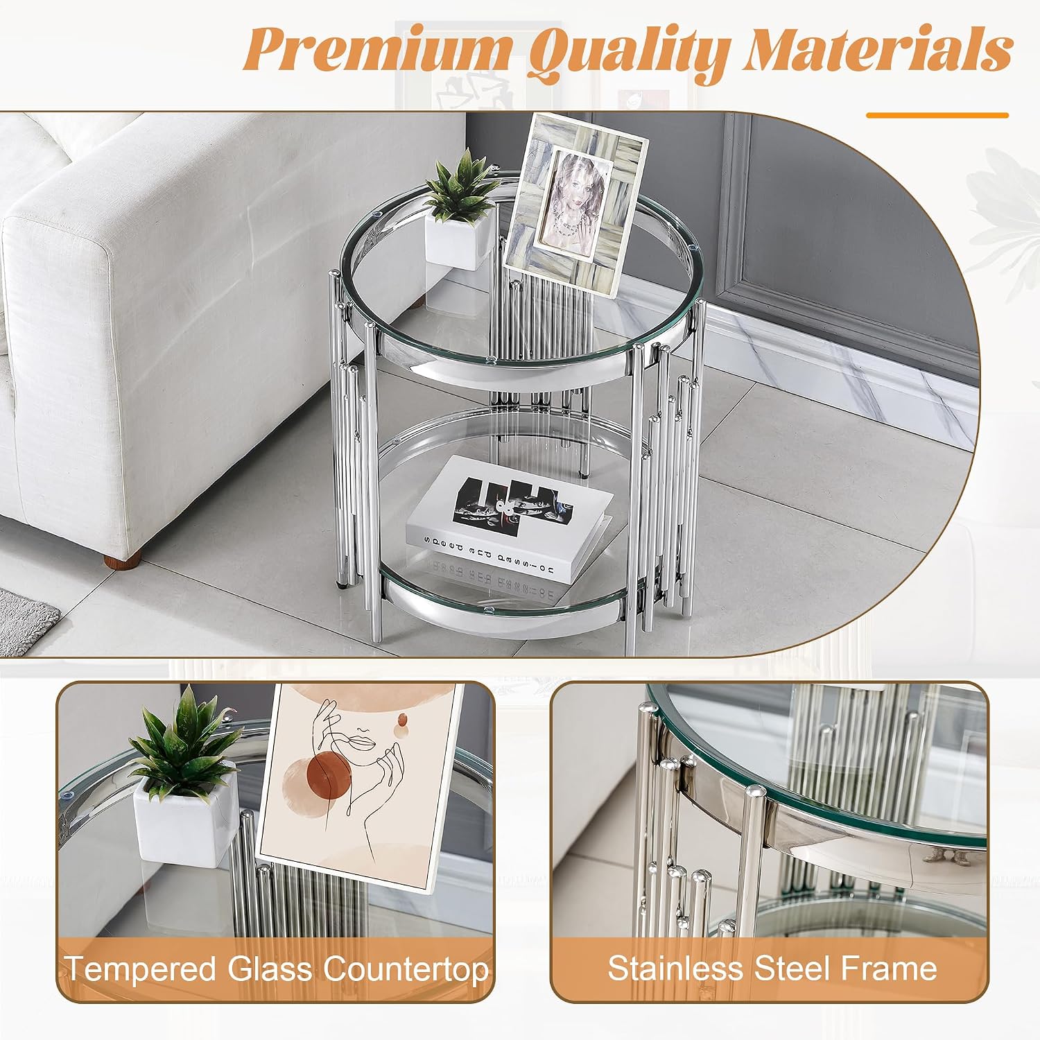 20' Round Glass End Table, 2-Tier Silver Side Table with Stainless Steel Legs and Clear Tempered Glass, Modern Luxury End Table for Living Room Home Office