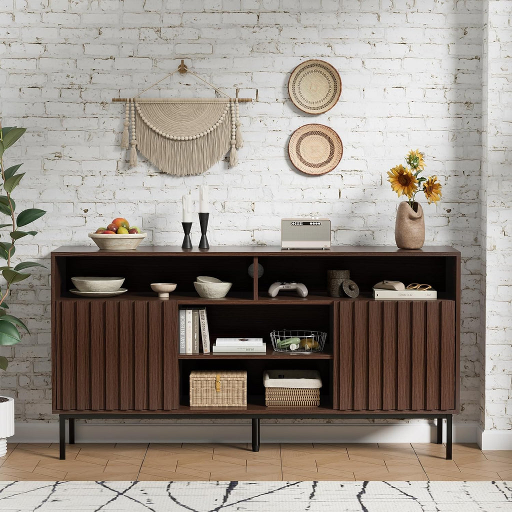 UEV Mid Century Modern 3-Piece Living Room Set, Walnut TV Stand Cabinet and 2 End Tables Set, Nightstand Set of 2, Wood Fluted TV Stand Sofa Side Table with 2 Drawers and Open Shelf for Living Room
