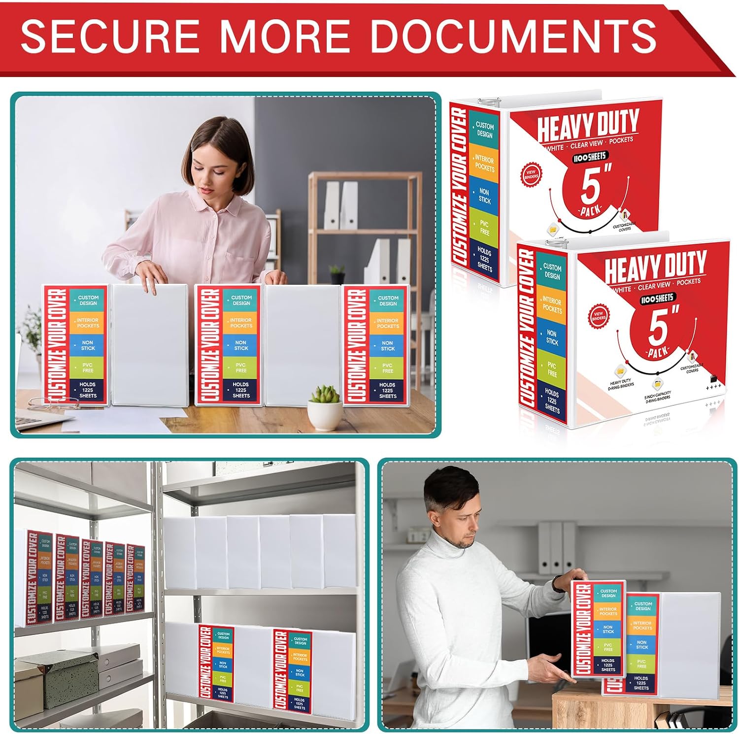 Sinload 8 Pcs 3 Ring Binder 5 Inch Capacity D Ring Binders with Pockets Large 8.5' x 11' Presentation Folder View Binder with Clear Cover for Documents, Files, Projects, White