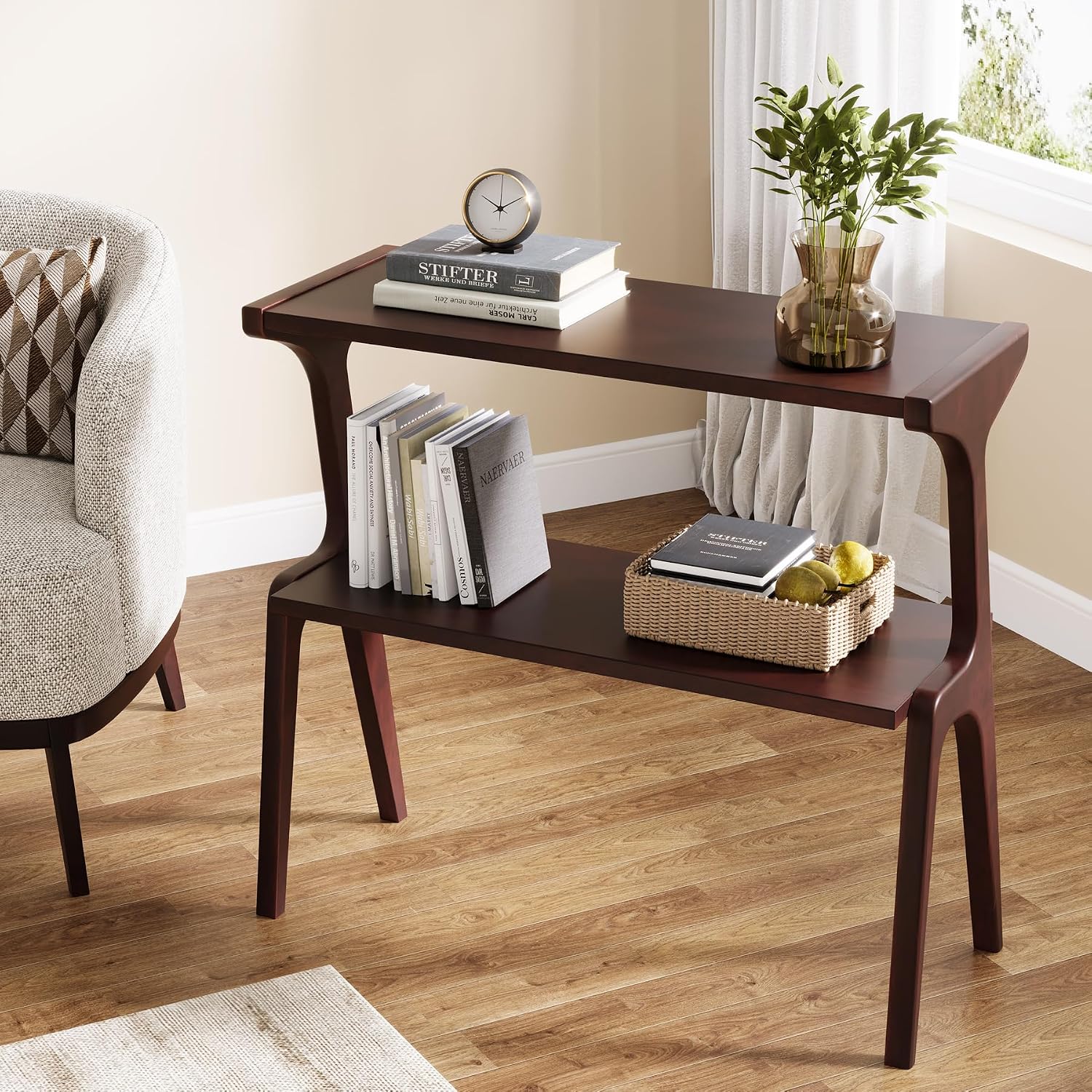 Tribesigns Set of 2 Wood Side Table, 2-Tier Narrow Tall End Table, Slim Side Table for Couch, Long Bedside Table for Bedroom, Living Room, Burgundy