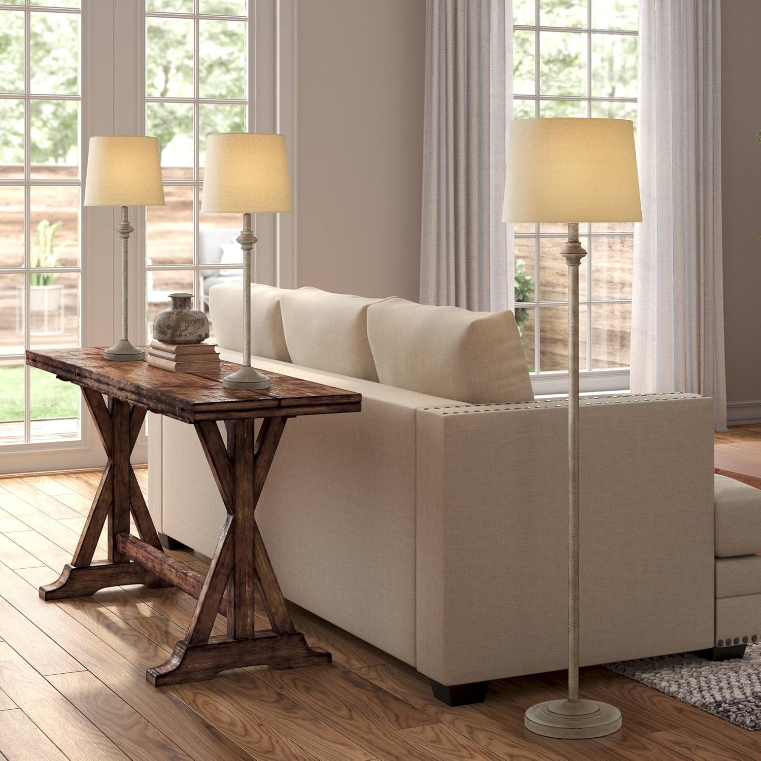 360 Lighting Carter Traditional 3 Piece Table Floor Lamp Set Beige Metal Cream Fabric Tapered Drum Shade Decor for Living Room Bedroom House Bedside Nightstand Home Office Reading Family