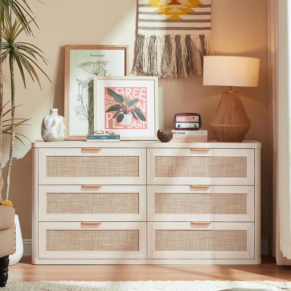 LEYAOYAO Rattan 6 Drawer Dresser for Bedroom Set of 2, Boho 54' Wide White Dresser Chest of Drawers, Dressers TV Stand with Metal Handle, Storage Dressers Closet Organizer for Living Room, Hallway