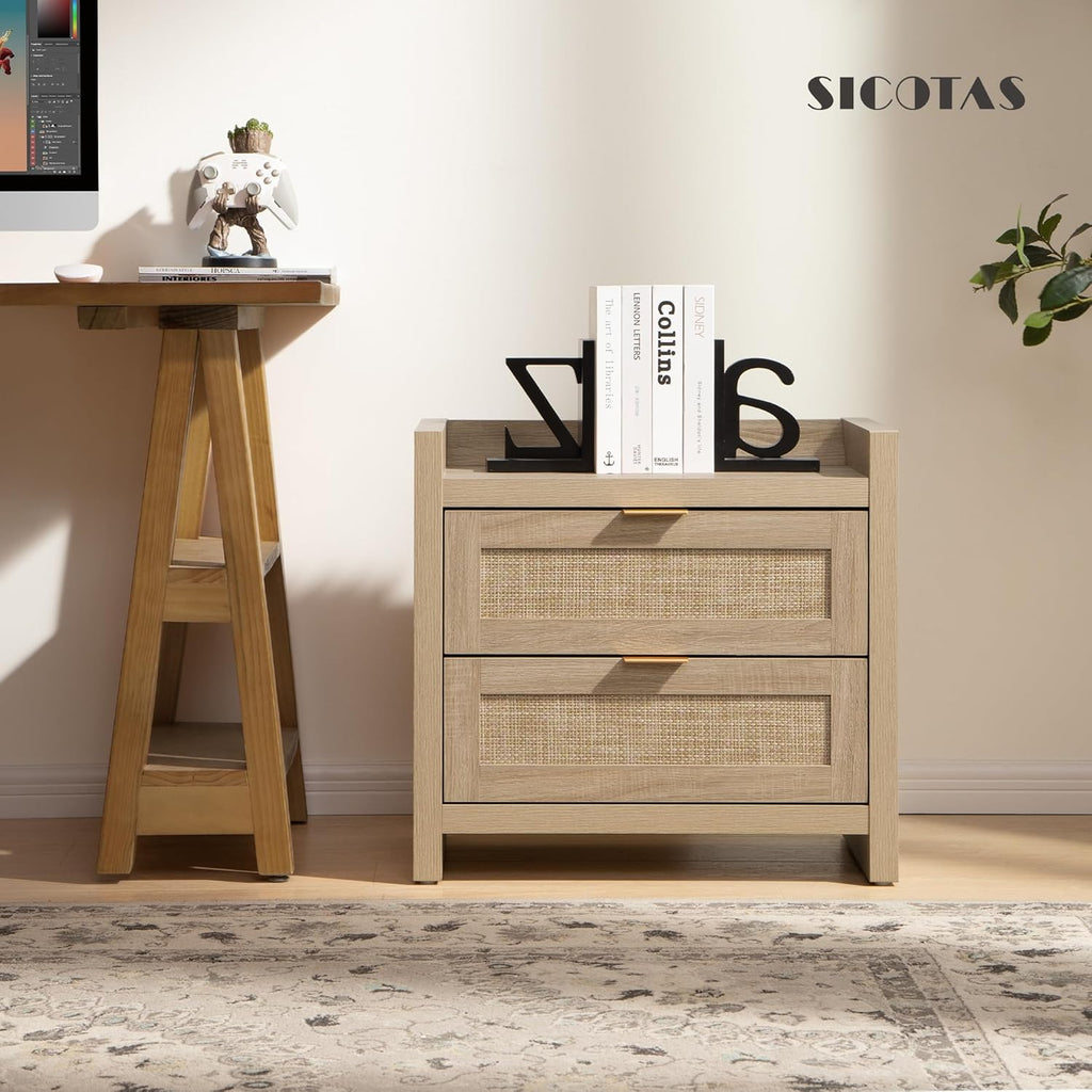 SICOTAS Rattan Nightstands Set of 2 Bedside Table - Bedroom Night Stand with Type-C Charging Station, 2 Drawers Storage - Boho Night Stands End Table for Bedroom Office - Light Oak