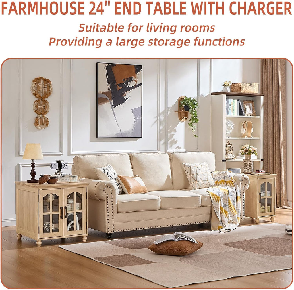 RWYHG End Table Set 2 with Charger Station, 18'' Narrow Nightstand and 24' Large Sofa Side Tables with Glass Barn Door Storage, Farmhouse Night Stands Bedside Table for Living Room,Bedroom