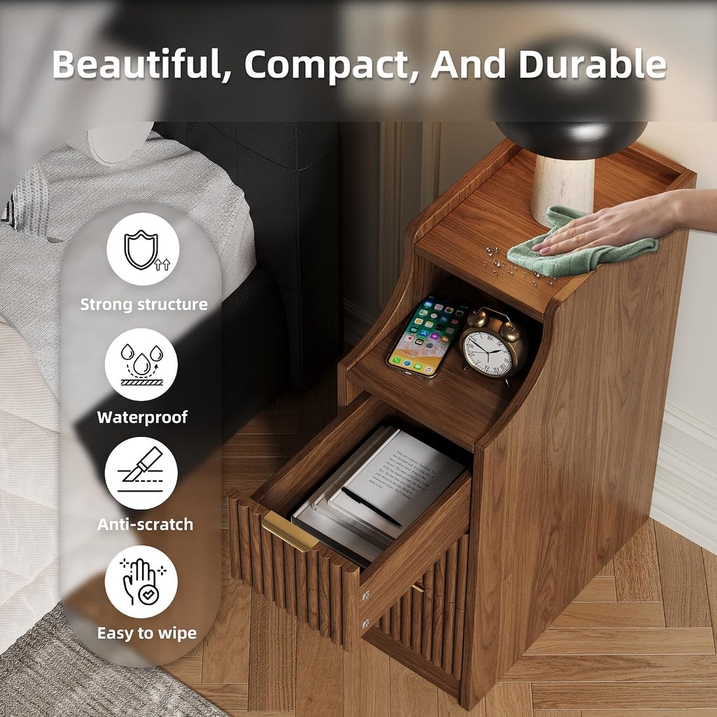7.9' Narrow Nightstand Set of 2,23.6' Tall Fluted Bedside Table Set of 2, Slim Side End Table with 3 Drawers, Wooden Bedside Table, Mid Century Modern Night Stand for Bedroom Livingroom Sofa Office
