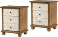 COZAYH Farmhouse 3-Drawer Nightstand with Leaves Pattern Carved, Set of 2 Vintage French Country End Table for Bedroom, Living Room, Distressed Finish, White & Brown