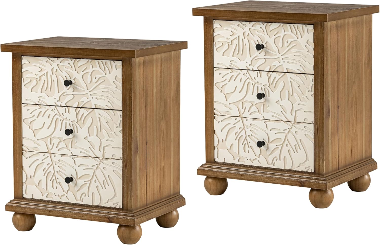 COZAYH Farmhouse 3-Drawer Nightstand with Leaves Pattern Carved, Set of 2 Vintage French Country End Table for Bedroom, Living Room, Distressed Finish, White & Brown