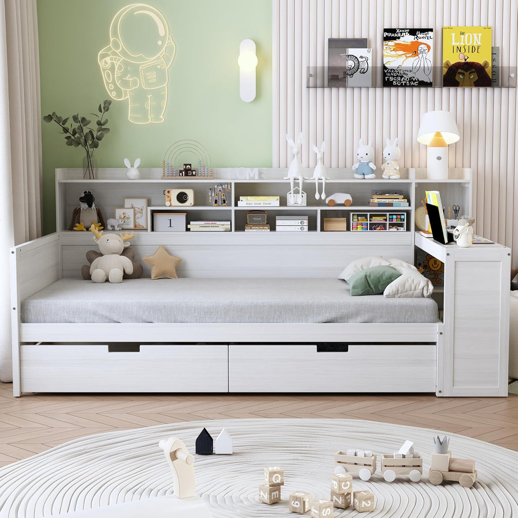 VilroCaz Wooden Twin Size Daybed with Storage Shelves and Study Desk, Multi-Functional Bed DayBed Frame with 2 Storage Drawers for Office Living Room Bedroom, Maximize Space (Antique White-8T)