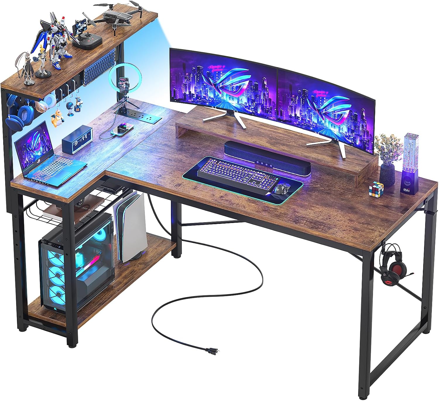 Homieasy Small Gaming Desk with Power Outlets Pegboard LED Light, 51 Inch L Shaped Computer Desk with Monitor Stand Storage Shelves, Reversible Corner Desk with Headset Hooks, Rustic Brown
