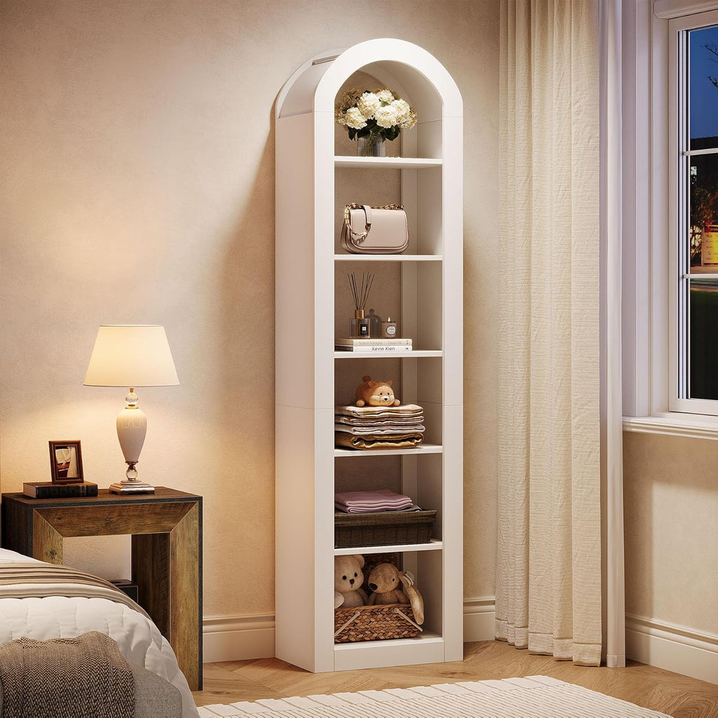 Tribesigns 74.8' Tall Arched Bookshelf, 6-Tier Narrow Open Bookcase, Floor Standing Corner Display Shelves Storage Organizer for Small Space, Home Office, Living Room (Warm White, 1 PC)