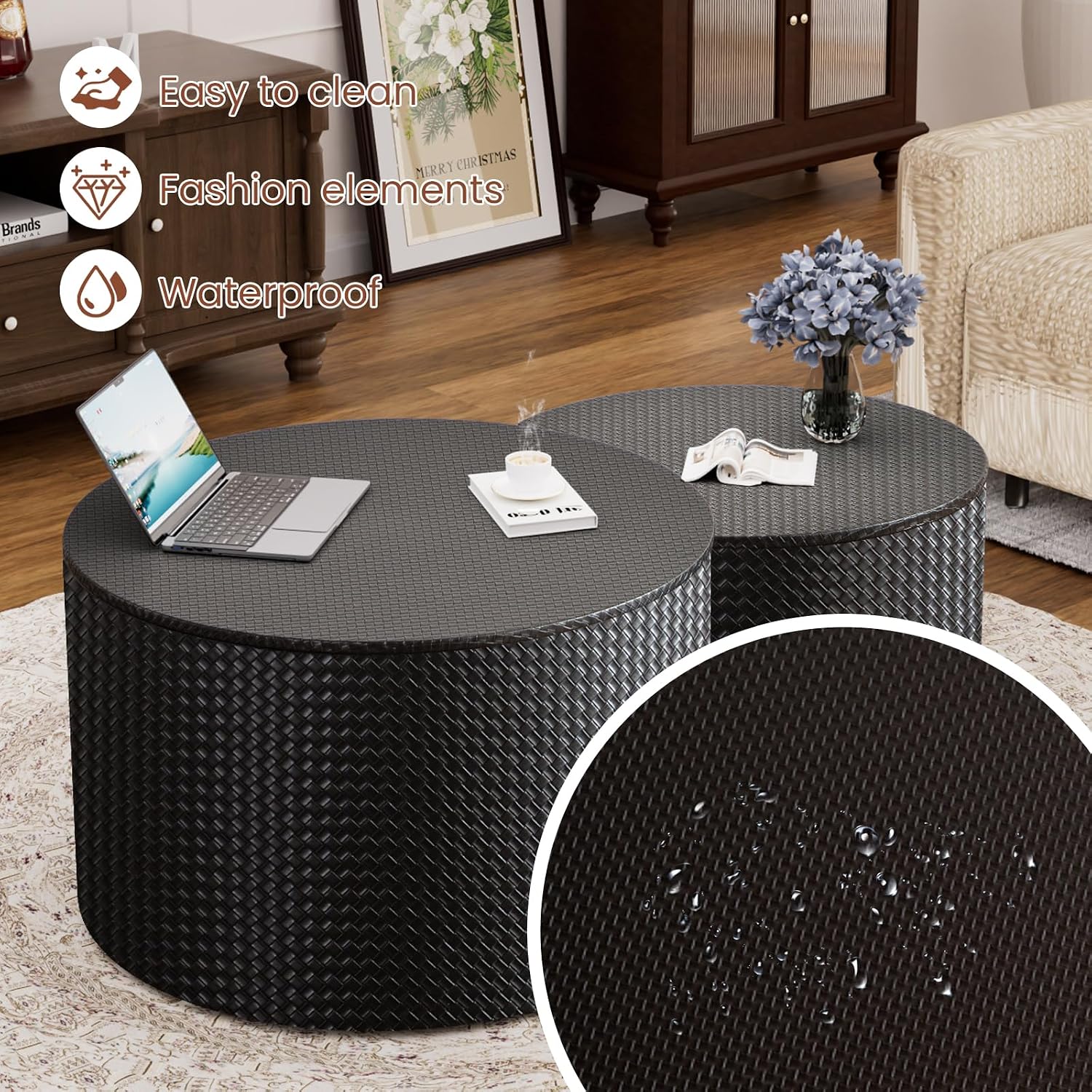Round Nesting Coffee Table Set of 2 with Storage Modern Wood Coffee Table MDF Frame and Leather Surface Center Table End Side Table for Living Room Bedroom Office, No Assembling (Black)