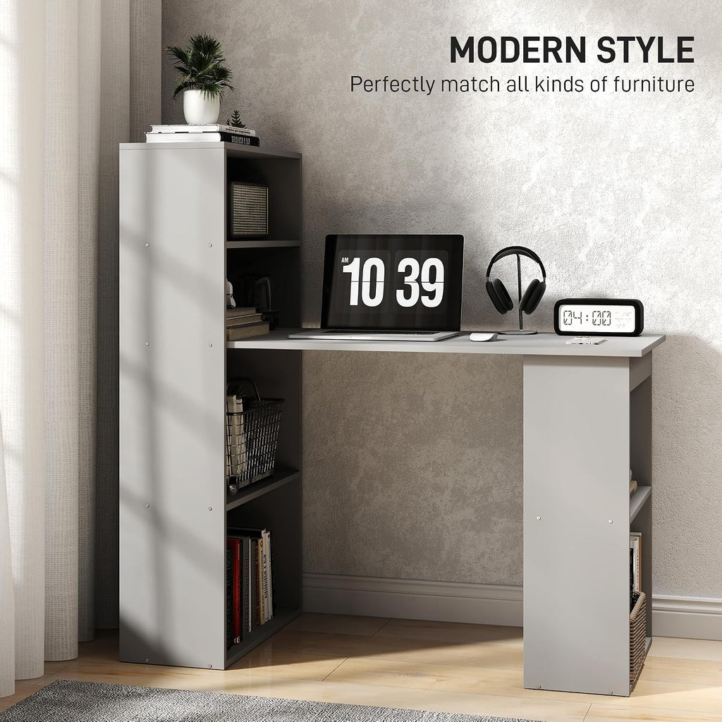 HOMCOM Modern Home Office Desk with 6-Tier Storage Shelves, 47' Writing Desk with Bookshelf, Gray