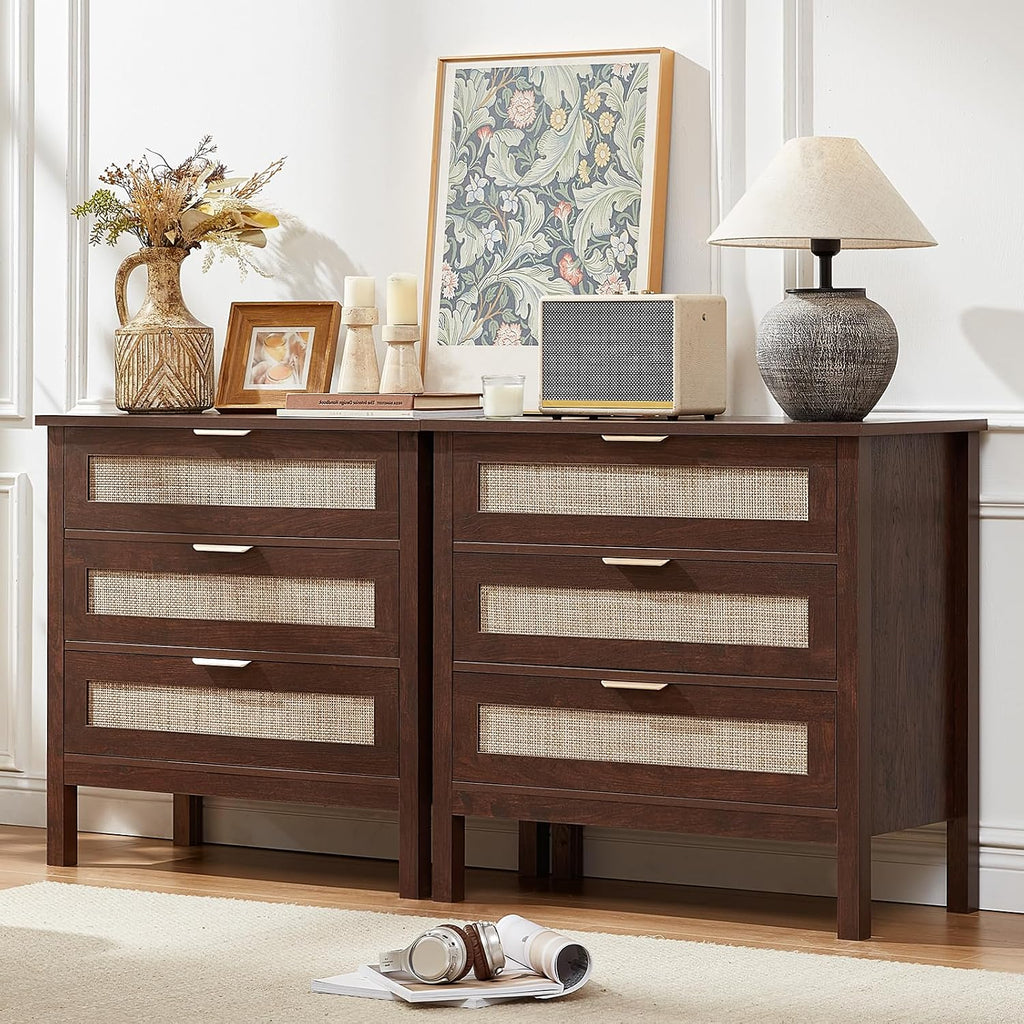 LEYAOYAO 31.5' Wide Rattan Night Stand, Large Boho Nightstand, Bedside Table with Storage, Tall Bed Side End Tables, Chest of Drawers for Bedroom, Living Room, Hallway（Walnut,3 Drawers,2）