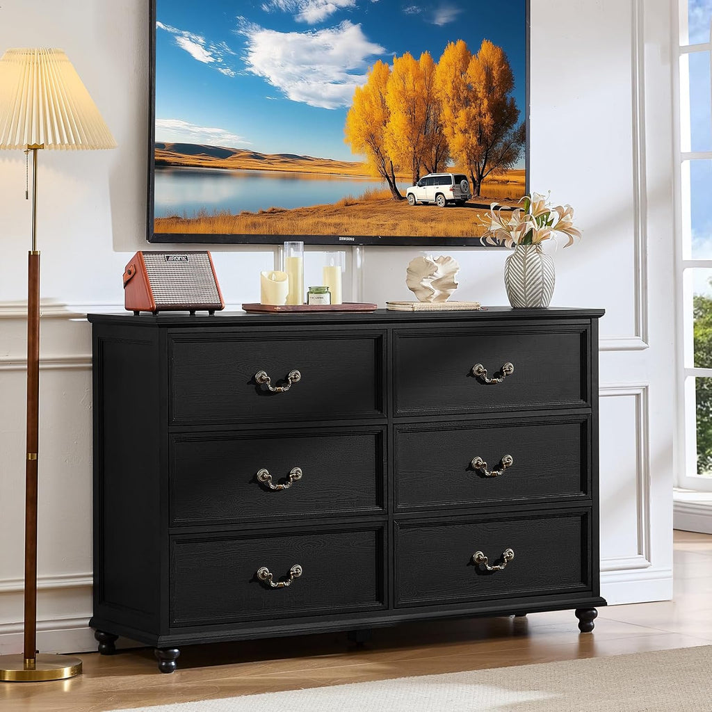 Joaxswe Farmhouse 6 Drawers Dresser for Bedroom, Vintage 54' Wide Chest of Drawers w/ 4 Wooden Legs, Rustic Large Closet Storage Dressers Organizer for Hallway, Wood TV Stand for Living Room, Black