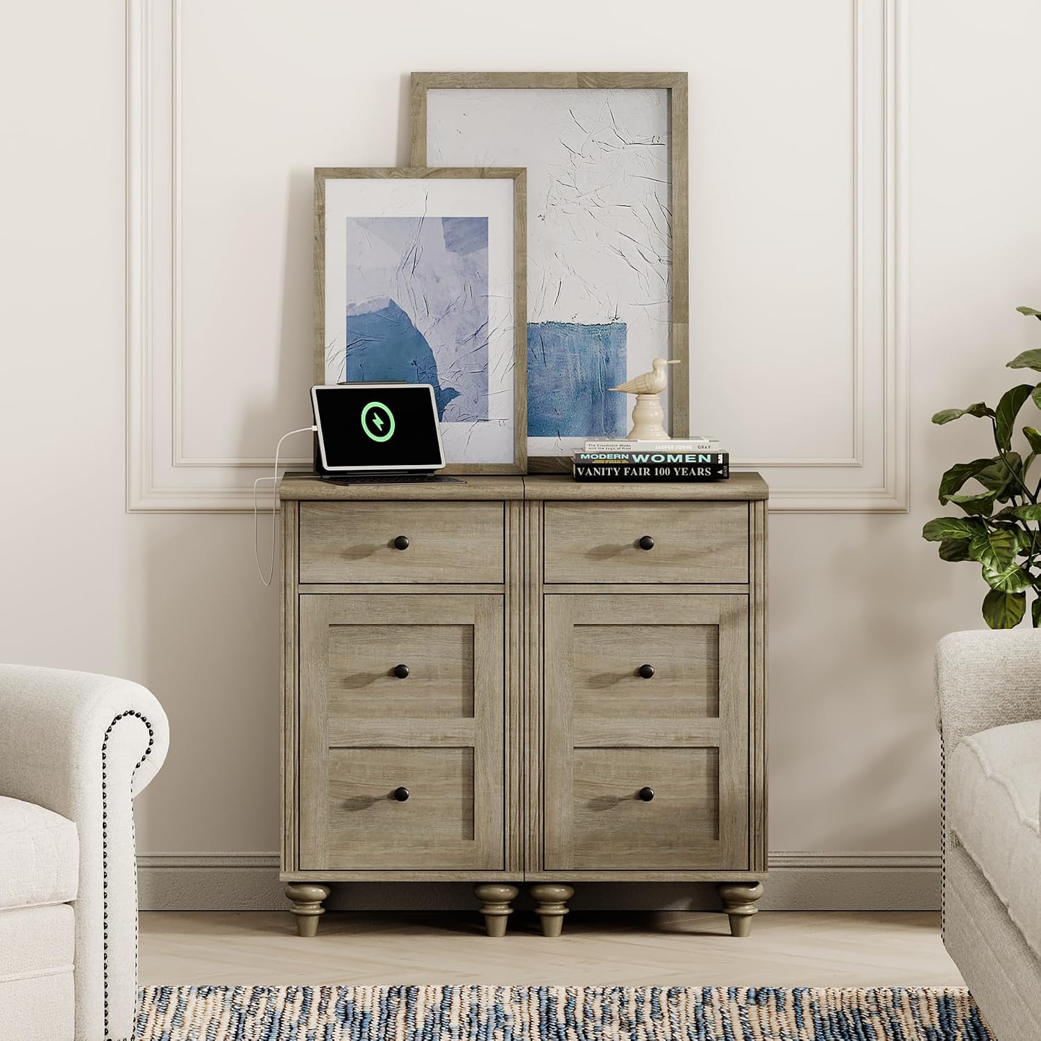 WAMPAT Set of 2 Wooden End Tables with Drawer and Storage Cabinet, Nightstands with Charging Station, Modern Farmhouse Living Room Side Tables, Wash Grey Bedside Table for Bedroom