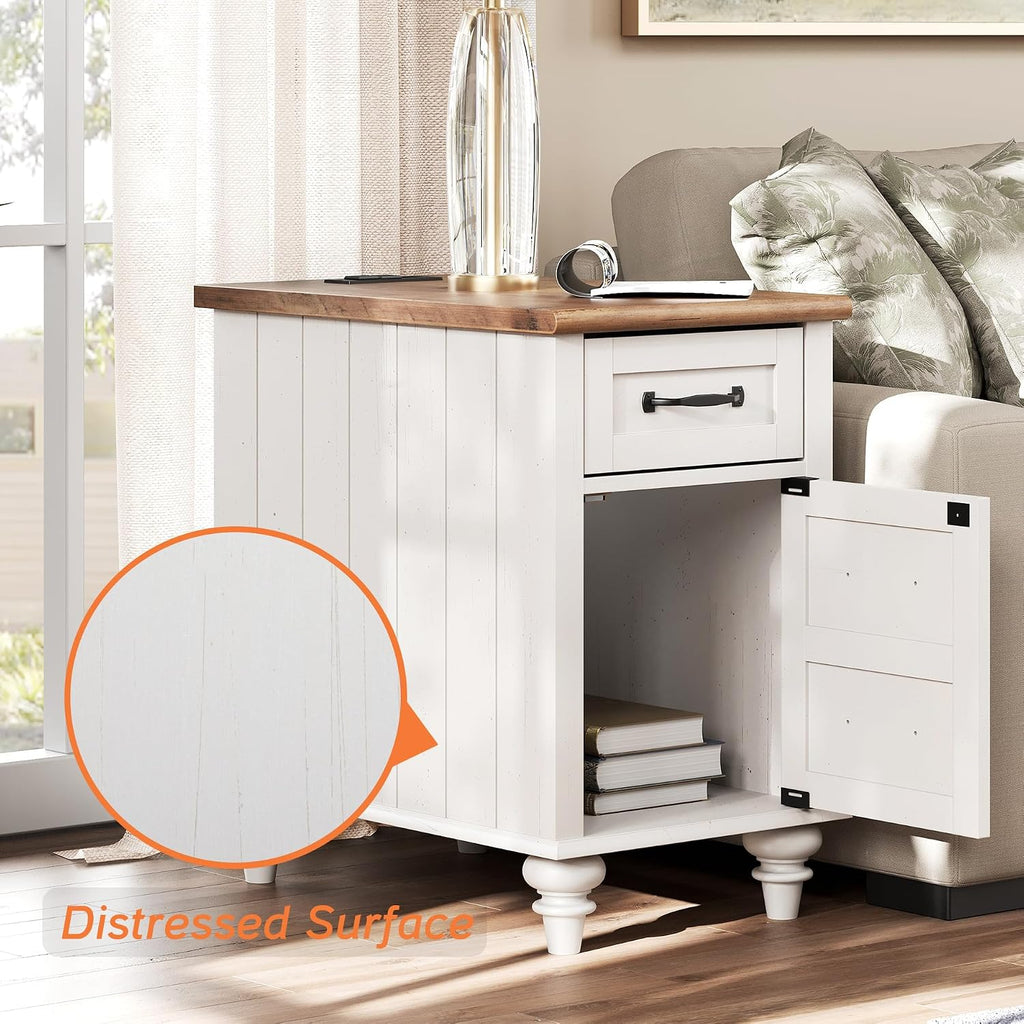 WAMPAT 2 Pack End Tables with Charging Station, White Wood Sofa Side Table with Drawer & Storage Cabinet, Modern Nightstand with Power Outlets & USB Ports for Living Room, Bedroom