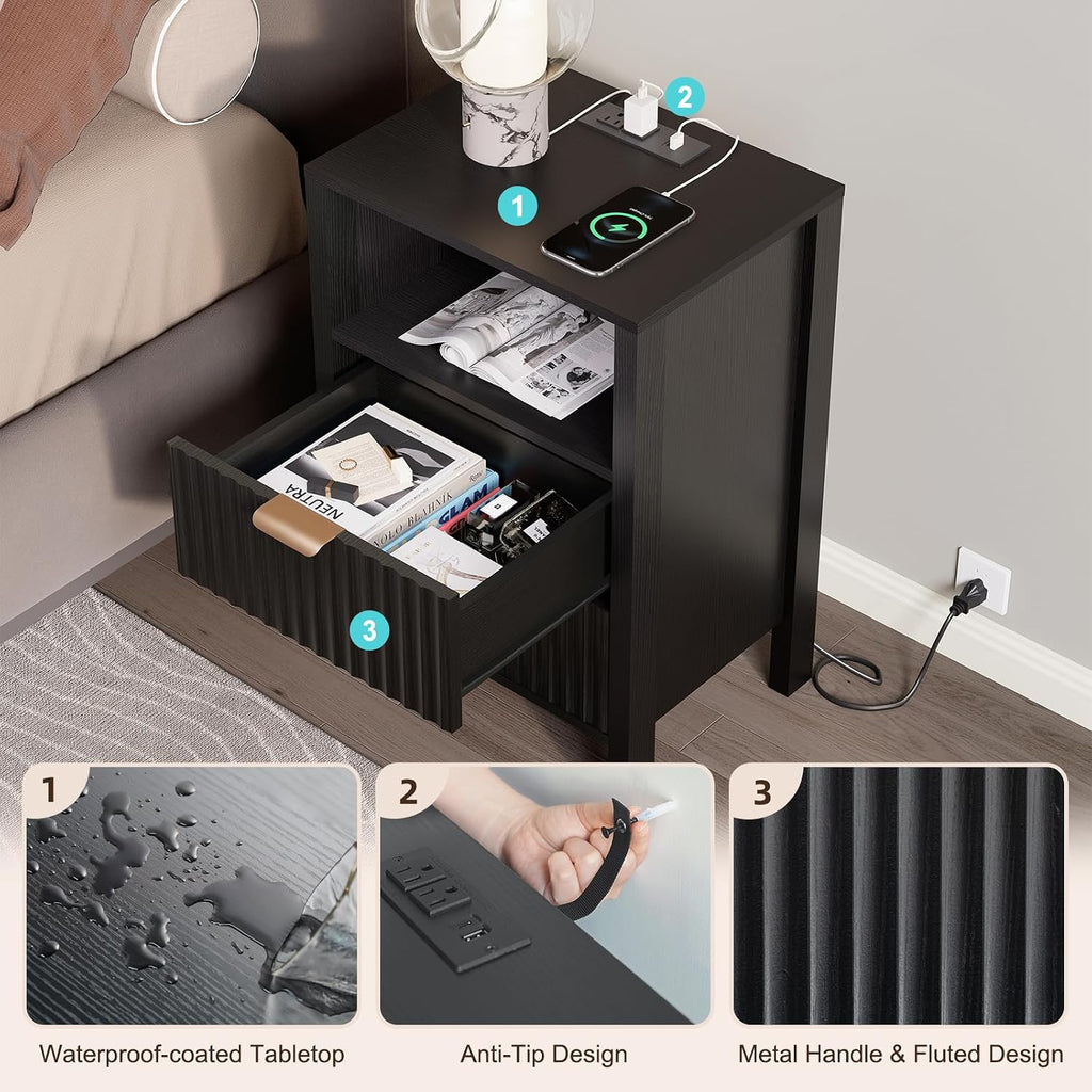Nasonet Night Stand Set of 2, Fluted End Table Set of 2, Modern Nightstand with Charging Station, Wood Bedside Table with Storage Drawer for Bedroom, Black