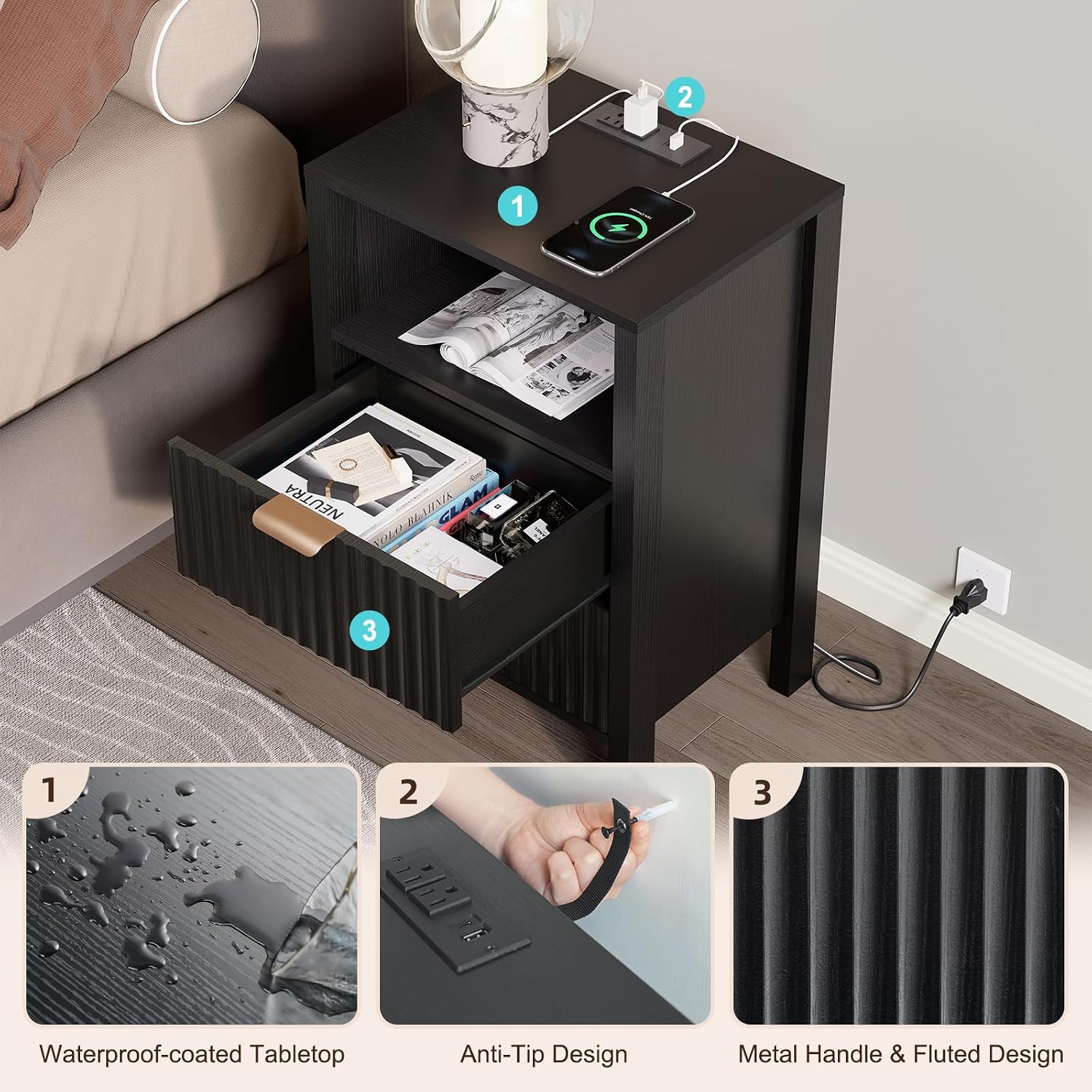Nasonet Night Stand Set of 2, Fluted End Table Set of 2, Modern Nightstand with Charging Station, Wood Bedside Table with Storage Drawer for Bedroom, Black