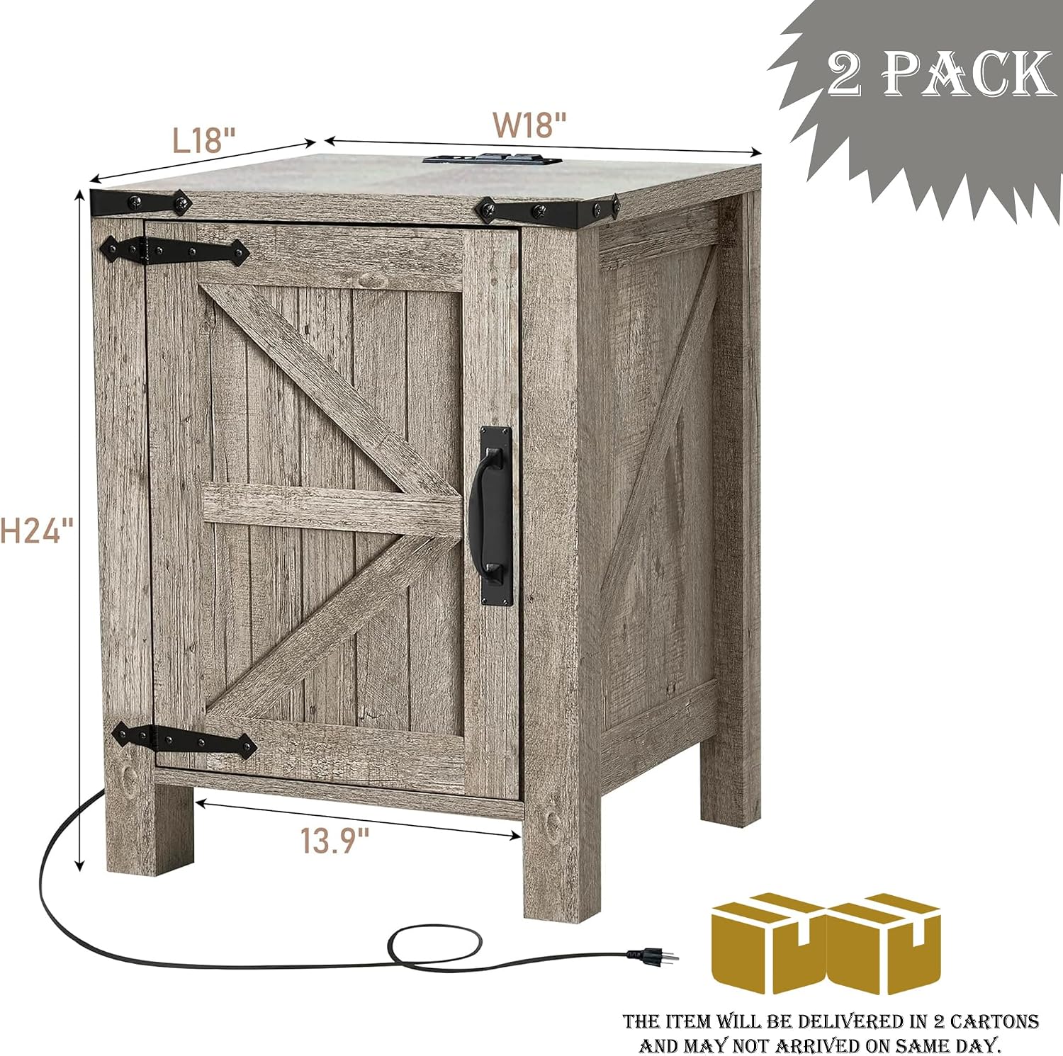 OKD Farmhouse Nightstand Set of 2 with Charging Station, 18 Inch Rustic End Table with Barn Door Cabinet, Adjustable Storage Shelf, Wood Sofa Side Table for Living Room, Bedroom, Light Rustic Oak