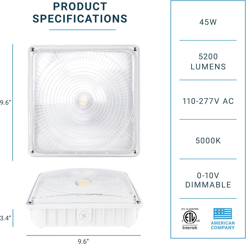 PARMIDA (4 Pack) LED Canopy Light, 45W, 0-10V Dimmable,110-277VAC, IP65 Waterproof, ETL-Listed, 5000K (Day Light), 9.6' x 9.6' Street, Area & Outdoor Lighting, White