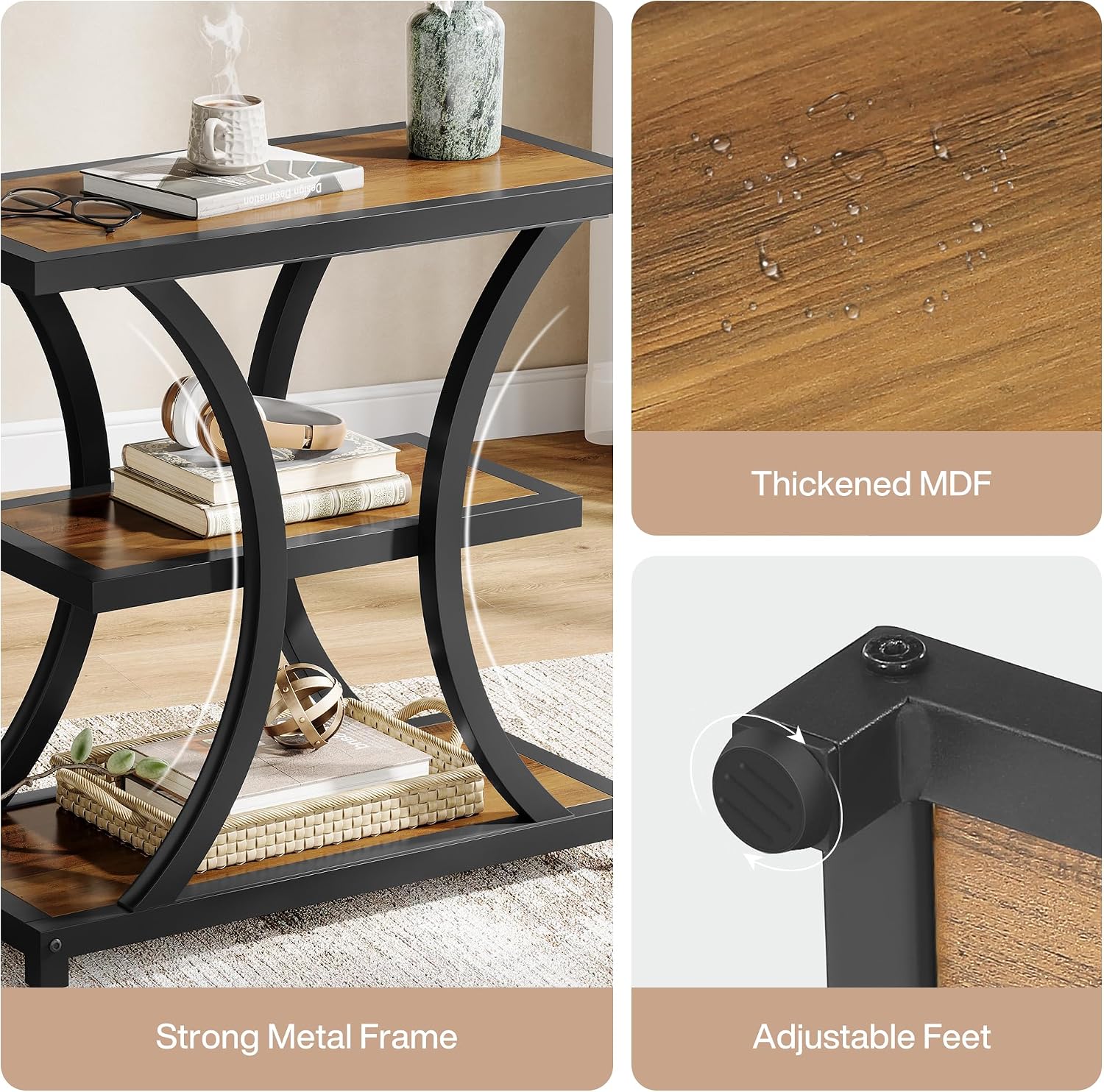 Tribesigns End Table Set of 2, 3-Tier Side Table with Geometric Metal Design, Industrial Nightstand for Small Spaces, Living Room, Bedroom, Study Room (Rustic Brown)