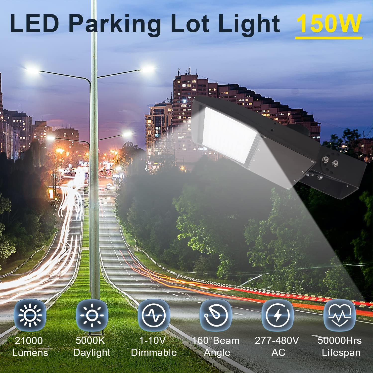 480V 150W LED Parking Lot Light, 21000LM 5000K LED Shoebox Area Light, Dimmable Commercial Outdoor Street Lighting (650W HID/HPS Equivalent), IP65 20KV Surge Protection, AC277-480V UL Listed