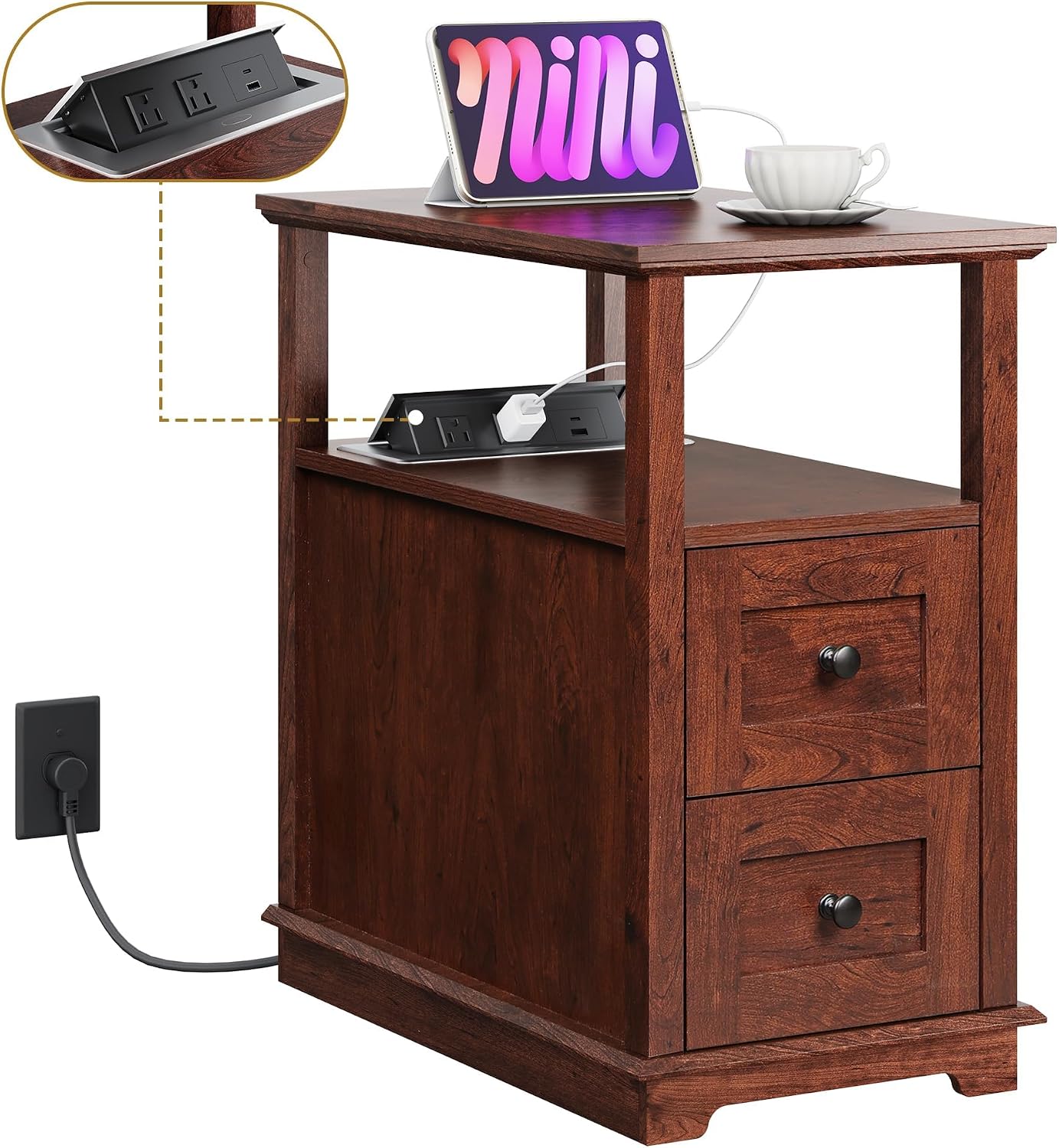 WLIVE End Table with Charging Station, Narrow Side Table for Living Room, Farmhouse Nightstand with Storage, Small Wooden Cabinet with USB Ports and Outlets for Living Room and Bedroom, Cherry