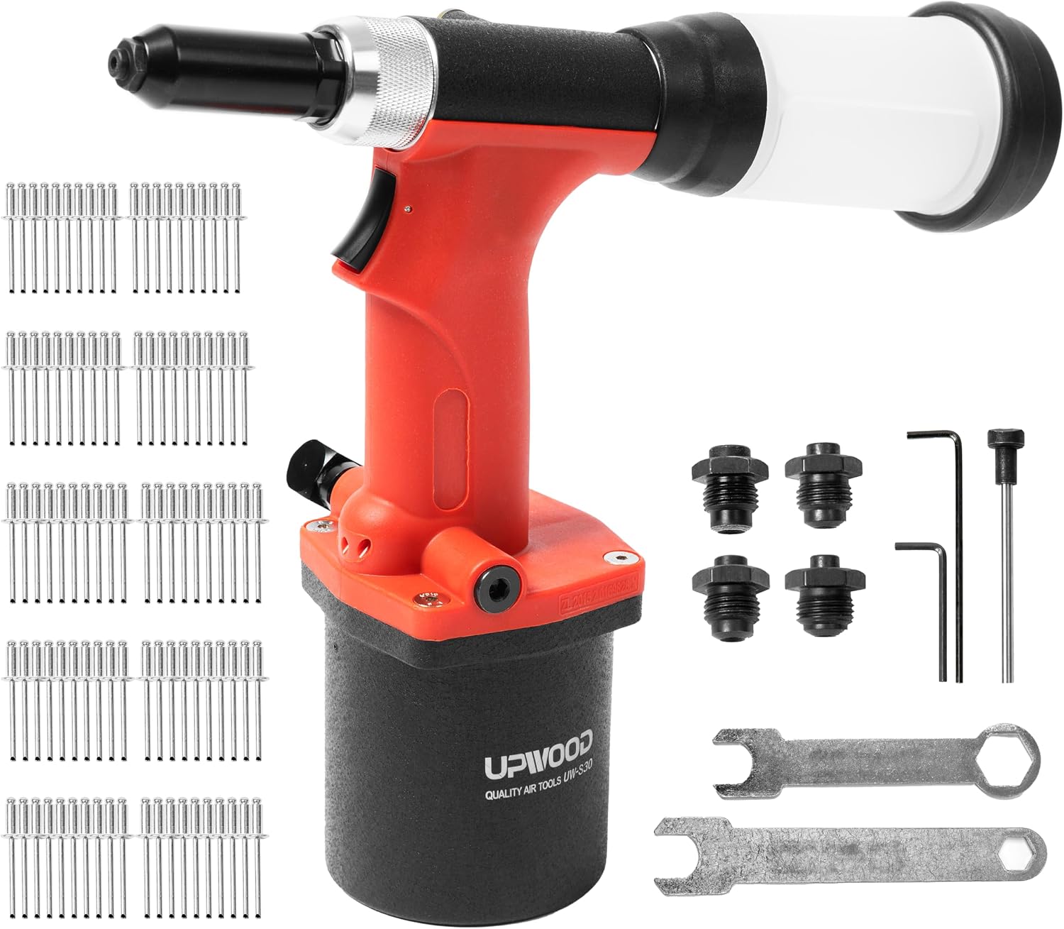 Pneumatic Hydraulic Pop Rivet Gun, Self-Suction Air Riveter Riveting Tool with 100 pcs Blind Rivets and 3/32' 1/8' 5/32' 3/16' Nose Pieces