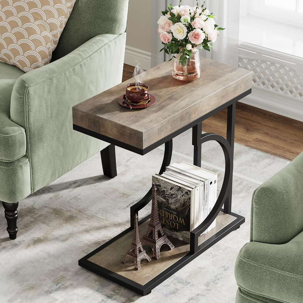Tribesigns Narrow Side Table C Shaped End Table Modern Bedside Tables for Couch, Small Sofa Chairside Tables with Metal Frame for Living Room (2, Gray+Black)