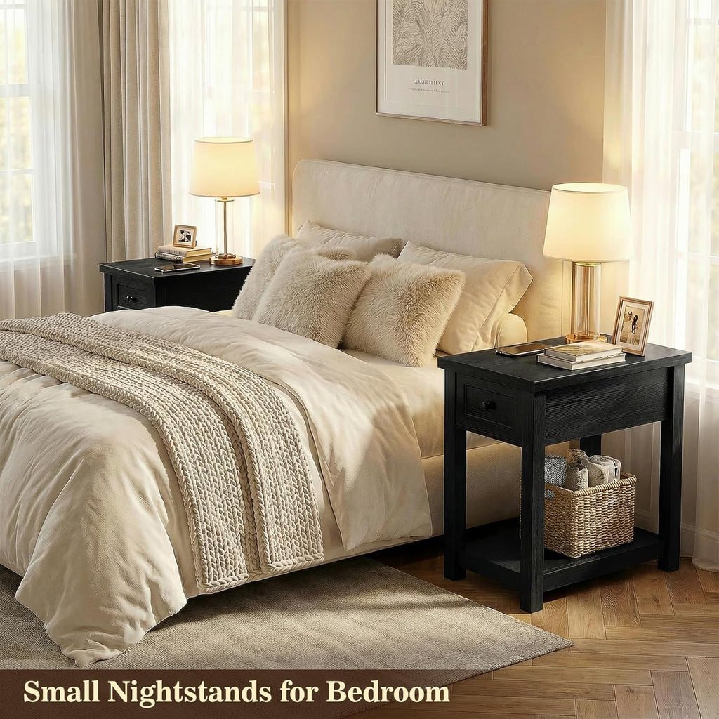 Armocity Narrow End Table Set of 2 with Charging Station - Farmhouse Side Tables with Drawers, 14' Wood Nightstands Set of 2 for Bedroom Living Room, Slim Couch Bedside Table Small Spaces, Black