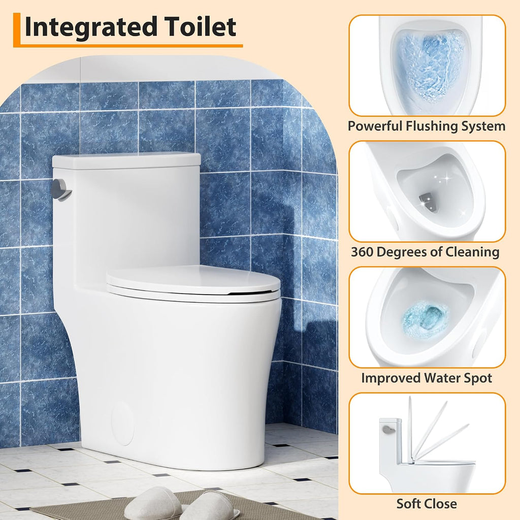 One Piece Elongated Toilet with Side Flush Handle and Quick Attach Soft Close Seat, High Seat Comfort for Seniors and Compact Bathrooms