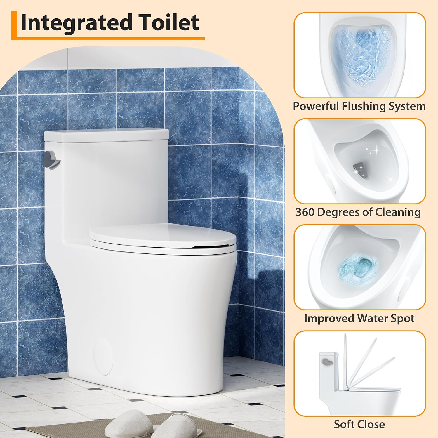 One Piece Elongated Toilet with Side Flush Handle and Quick Attach Soft Close Seat, High Seat Comfort for Seniors and Compact Bathrooms