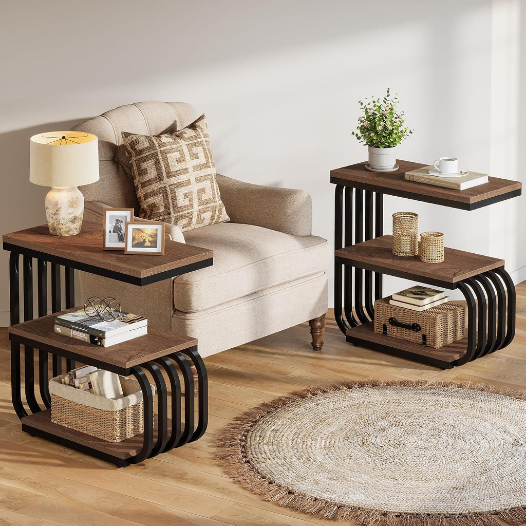 Tribesigns Small End Table, Narrow Side or Bedside Stand, 3 Tier Design Accent Table with Metal Frame, Industrial Vintage Nightstand for Living Room, or Small Spaces (2, Brown)