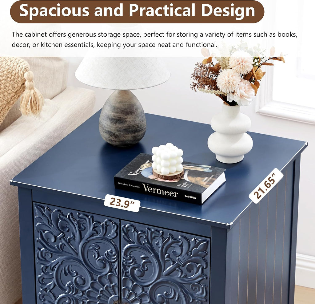 weselon End Table Set of 2, 24' Farmhouse Nightstand with Carved Floral Door & Adjustable Shelf, Square Wooden Sofa Side Table with Storage for Living Room Bedroom (Midnight Blue)