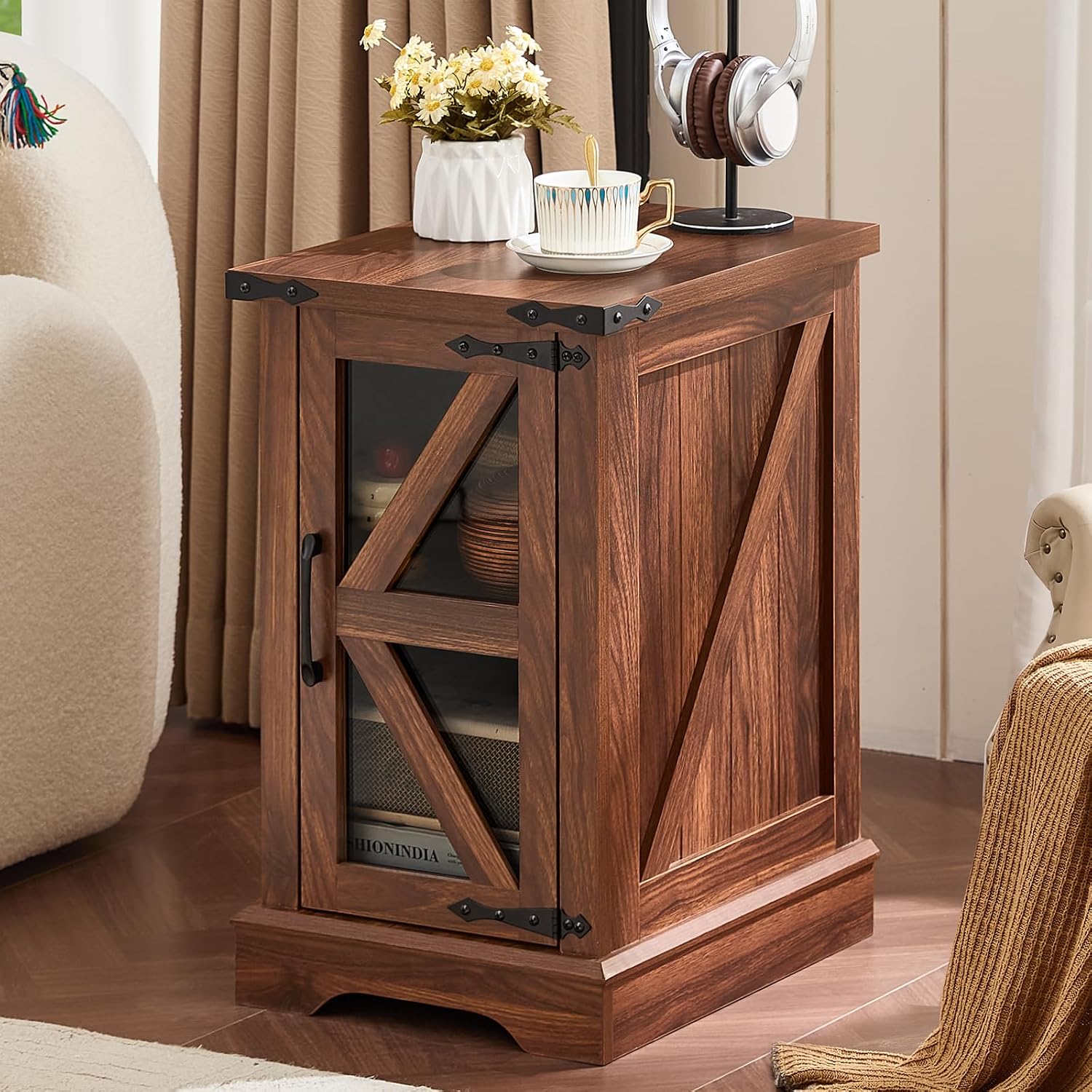 Joaxswe Farmhouse Coffee Table Sets 3 Pieces, 24'' End Table with Charger and Narrow 14'' Nightstand w/Glass Barn Door, Large Coffee Tables with Hidden Storage Organizer, Living Room Sets