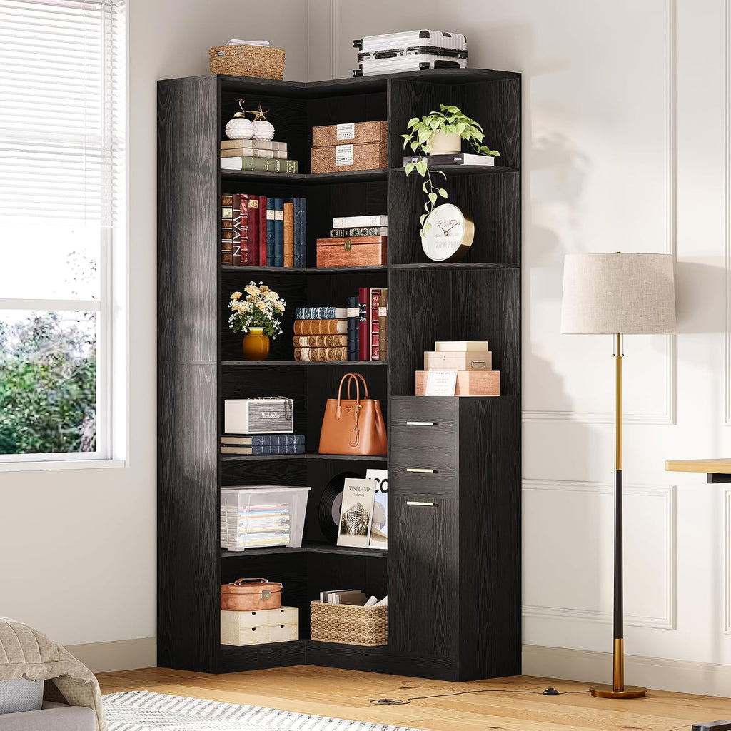 IRONCK Corner Bookshelf, 76' Tall Corner Bookshelves, 6 Tiers L-Shaped Bookcase with 10 Open Shelves and 2 Storage Drawers for Living Room or Home Office