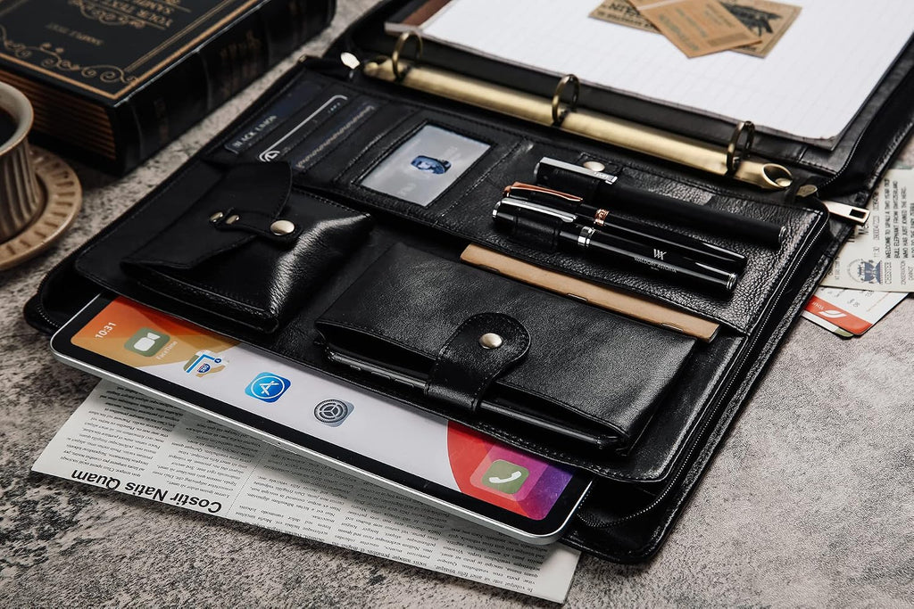DUKE&COW Leather Portfolio with 3 Ring Binder, Personalized Executive Folio, Engraved Leather Folder, Custom Gift for Men Women (Black, Custom)